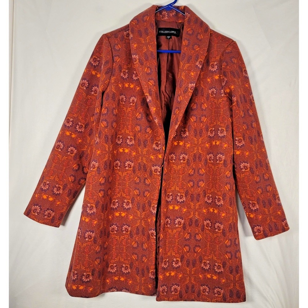 Colleen Lopez Coat Womens M Red Orange Rust Floral Pattern Lined Pockets Layered
